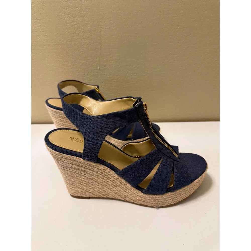 Michael Kors Navy Blue Canvas Espadrille Wedge Sandals Gold Zip Front 8.5M PW21K